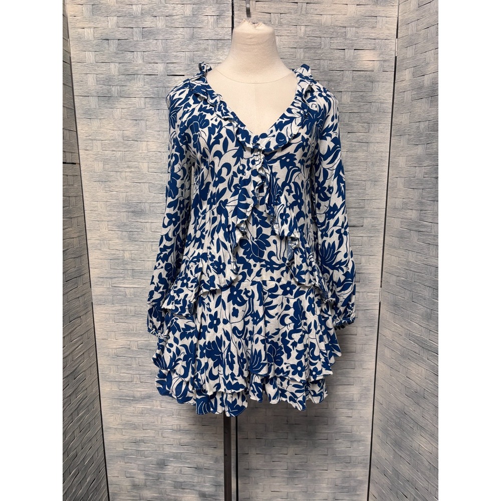 Free Peole XS Rebeccaa Ruiffled Mini Dress Blue White Floral Print